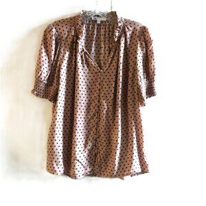 DR2 Women's Polka Dot Mauve & Black Ruffle V-Neck Short Sleeve Blouse Size M
